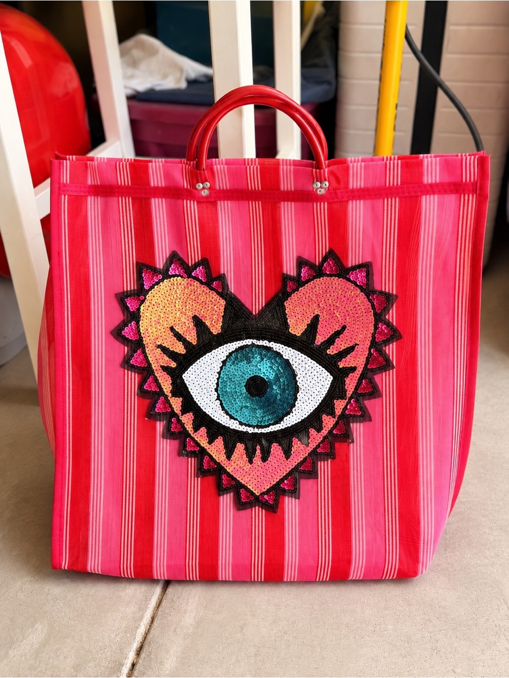 NEW Large Handmade Pink Striped Sequin Evil Eye Heart Tote – Multicolor Tassel